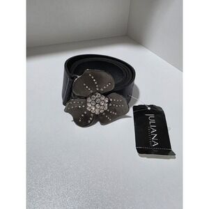 Juliana Italian Leather Black Belt Large Rhinestone Flower Buckle Made in Canada